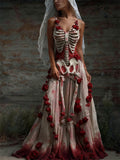 Comstylish Halloween Bloody Roses Skeleton Bridal Flowy Linen Maxi Dress