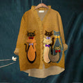 Elegant Cat Embroidery Women's Ruffle Neck Trim Linen Shirt artswardrobe