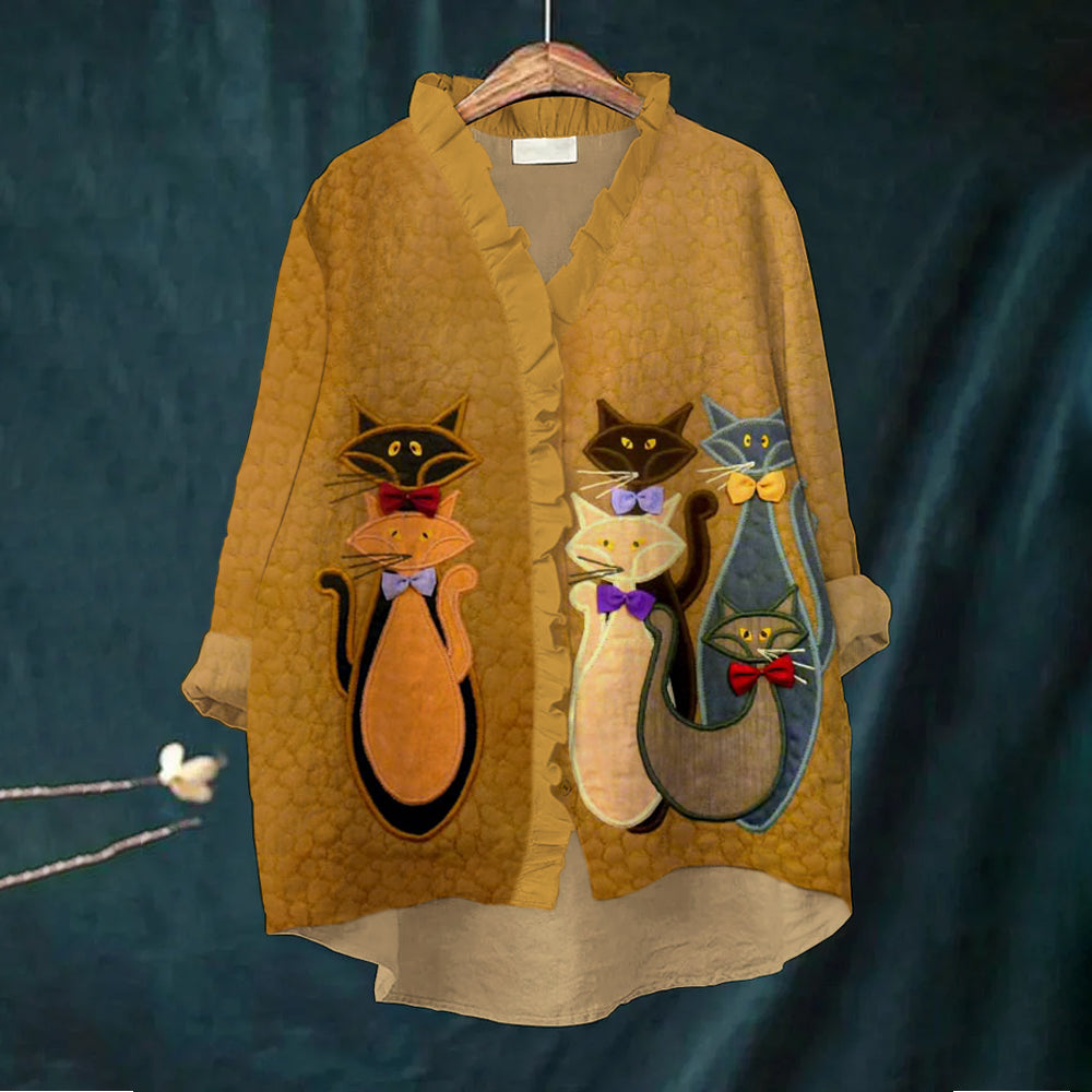 Elegant Cat Embroidery Women's Ruffle Neck Trim Linen Shirt artswardrobe