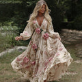 Comstylish Women's Vintage Rose Embroidery Art Casual V Neck Long Sleeve Maxi Dress