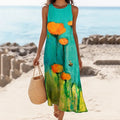 Women's Oil Painting Flower Print Linen Blend Tank Midi Dress artswardrobe