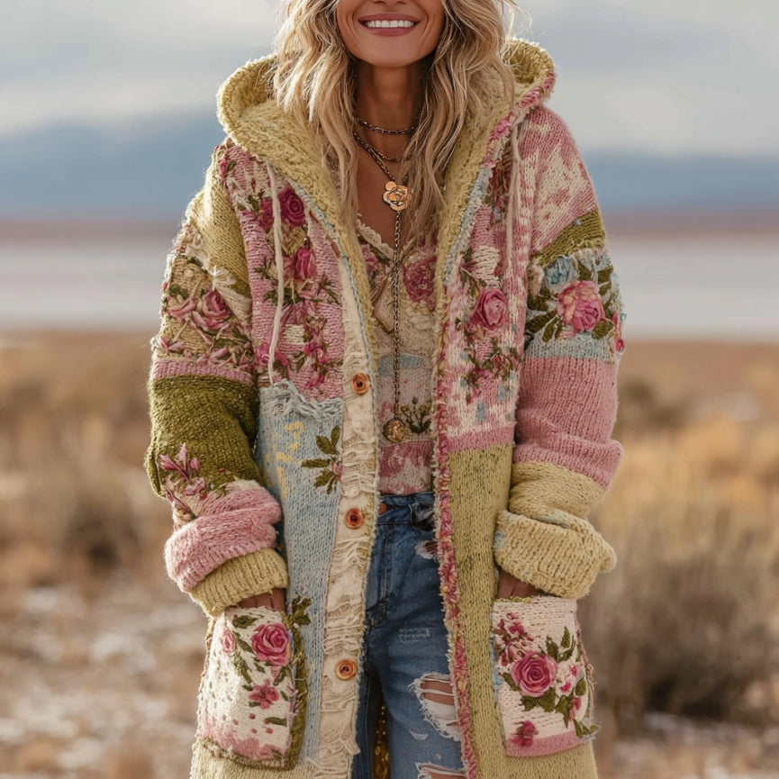 Comstylish Women's Vintage Patchwork Floral Art Cozy Knit Hooded Cardigan