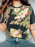 Comstylish Cranes Floral Japanese Art Vintage T Shirt
