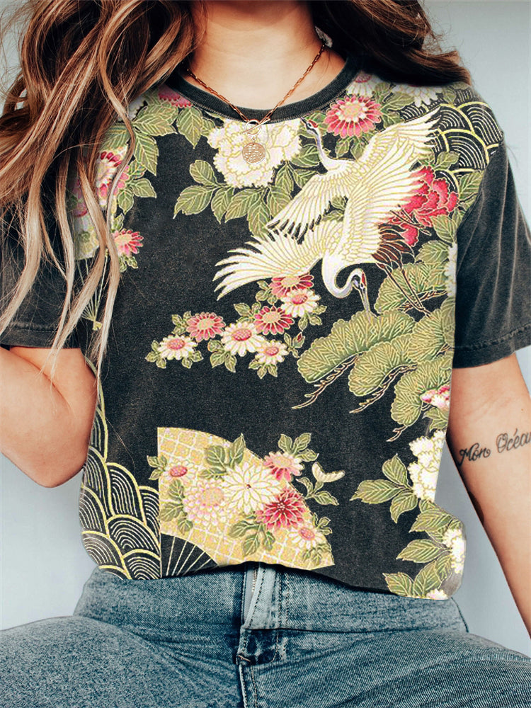 Comstylish Cranes Floral Japanese Art Vintage T Shirt