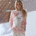Comstylish Women's Cute White Cat Rose Pattern Cozy Knit Pullover Sweater
