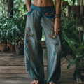 Vintage Bohemian Floral Art Printed Cotton Linen Wide Leg Pants artswardrobe