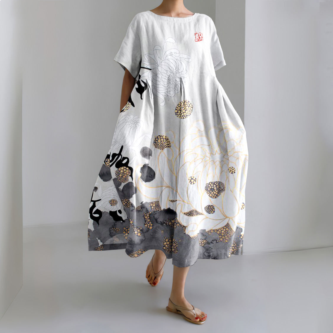 Comstylish Japanese Art Chrysanthemum Print Short Sleeve Midi Dress