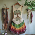 Vintage Tribal Celtic Knot Life Of Tree With Rainbow Patchwork Art Linen Tank Dress artswardrobe