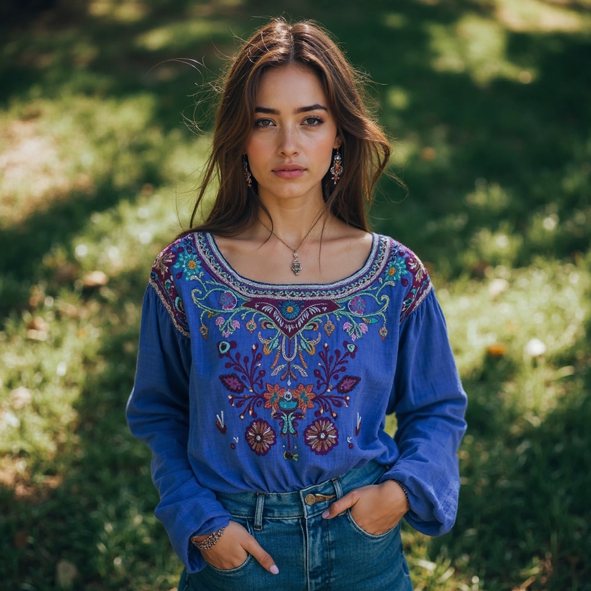 Comstylish Retro Floral Embroidery Art Print Cotton And Linen Blend Loose Blouse