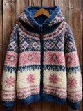 Vintage Snowflakes Contrast Isle Cozy Hooded Fleece Jacket