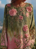 Vintage Pink Rose Embroidered Gradient Linen Tunic artswardrobe