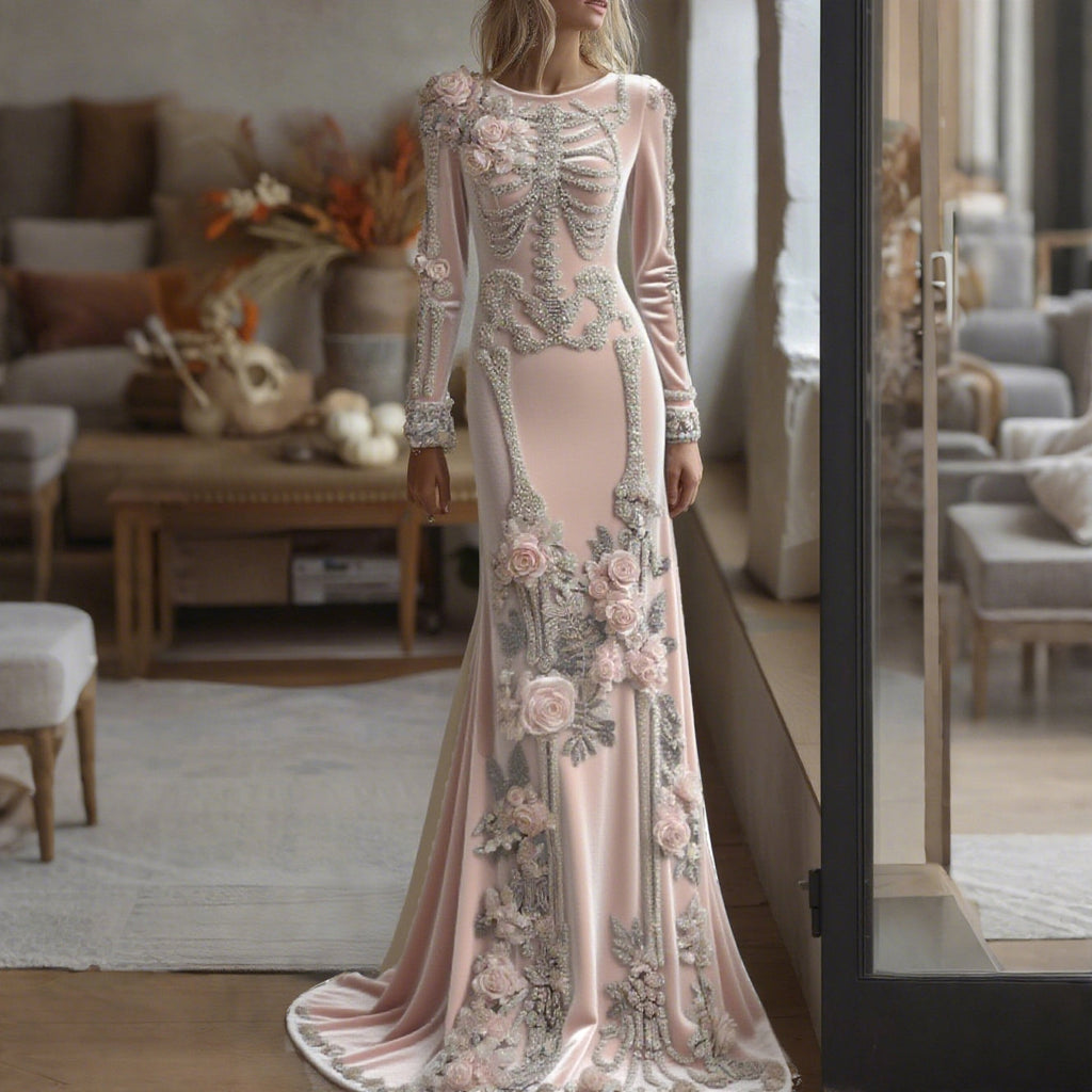 Comstylish Women's Halloween Dark Gothic Rose Skeleton Velvet Round Neck Maxi Dress
