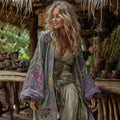 Comstylish Vintage Bohemian Floral Art Embroidery Print Cotton And Linen Blend Midi-length Kimono Cardigan