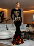 Comstylish Women's Vintage Mariachi Day Of The Dead Skeleton Bones Art Velvet Maxi Dress