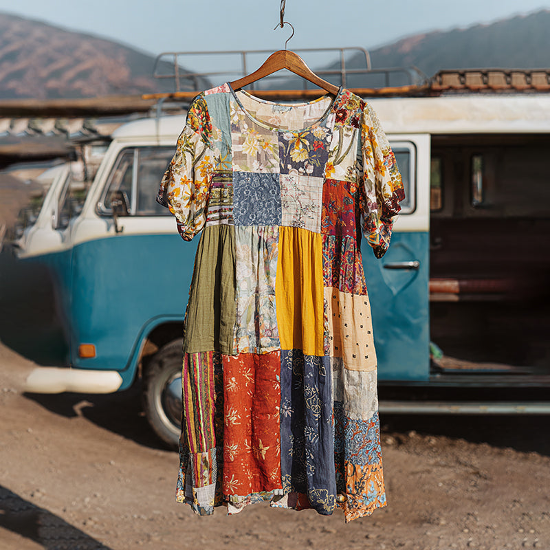 Countryside Style Collection  Classy Patchwork Floral Pattern Art Linen Midi Dress