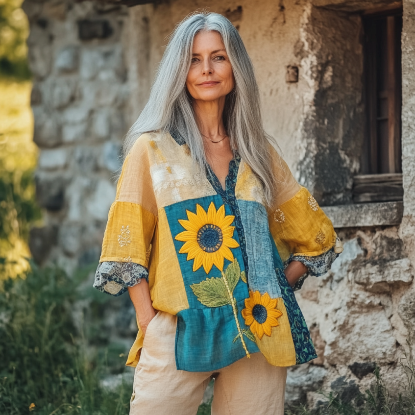 Bohemian Sunflower Linen Floral Art Print Long Sleeve V-neck Shirt artswardrobe