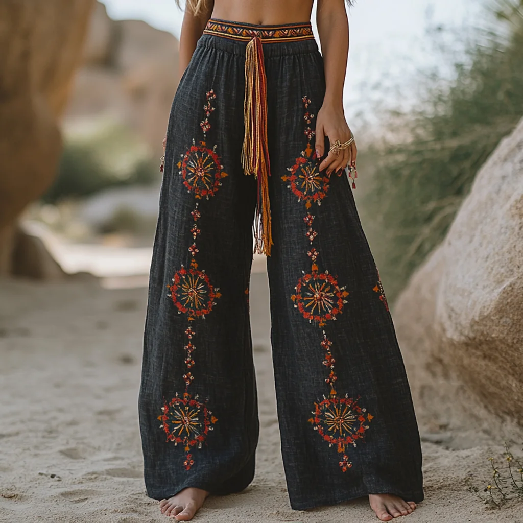 Vintage Bohemian Casual Holiday Style Linen Long Loose Wide-leg Pants artswardrobe