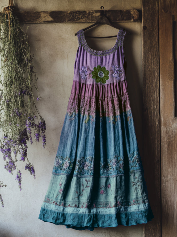 Vintage Bohemian Lavender Embroidery Patchwork Art Sleeveless  Cozy Linen Maxi Dress artswardrobe