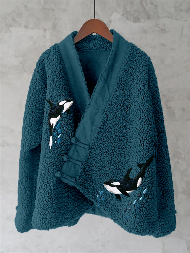 Comstylish Ocean Whales Embroidery Art Fleece Kimono Cardigan