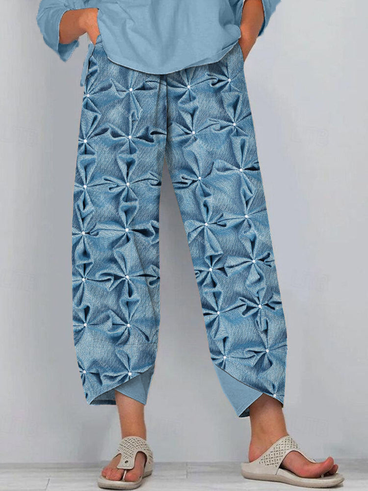 Pleated Design Floral Pattern Linen Blend Pants artswardrobe