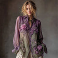 Vintage Roses Fiber Art Embroidered Contrast Flowy Linen Blouse artswardrobe