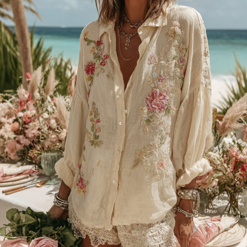 Comstylish Vintage Floral Pattern Art Linen Comfy Button Shirt
