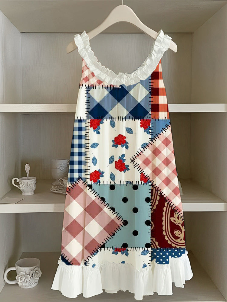 Vintage Floral Patchwork Art Women's Ruffle Tank Dress artswardrobe