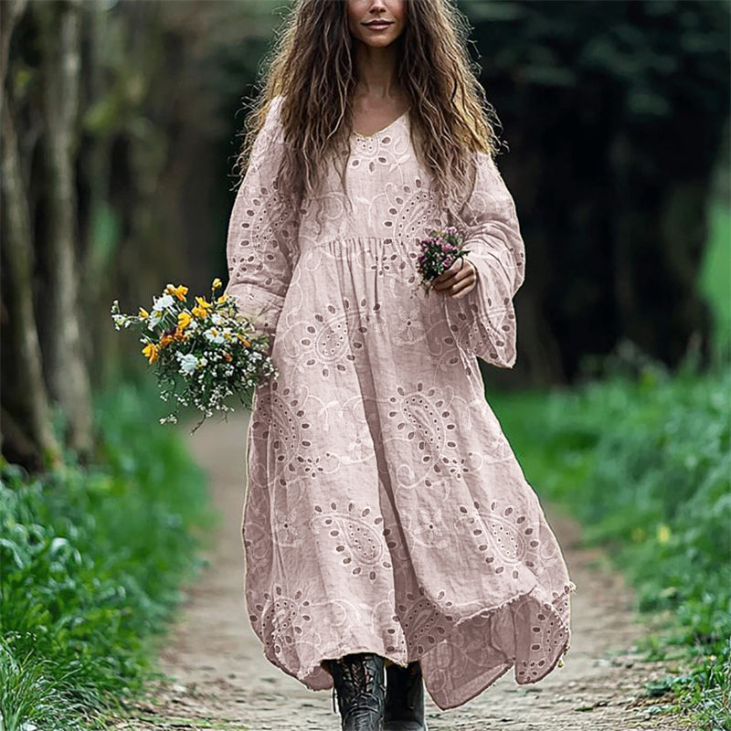 Vintage Western Paisley Floral Embroidered Lace Flowy Linen Dress artswardrobe