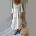 Vintage Crew Neck Cotton Linen Comfy Maxi Dress artswardrobe
