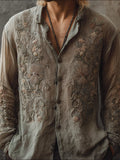 Men's Vintage Boho Floral Embroidered Natural Dyed Linen Shirt artswardrobe