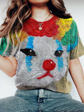 Comstylish Vintage Clown Cat Print Women's Washed T-shirt