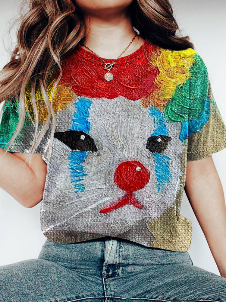 Comstylish Vintage Clown Cat Print Women's Washed T-shirt
