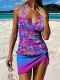 Colorful Floral Gradient Art Print Pleated Drawstring V-neck Tankini Pantskirt Set Swimsuit
