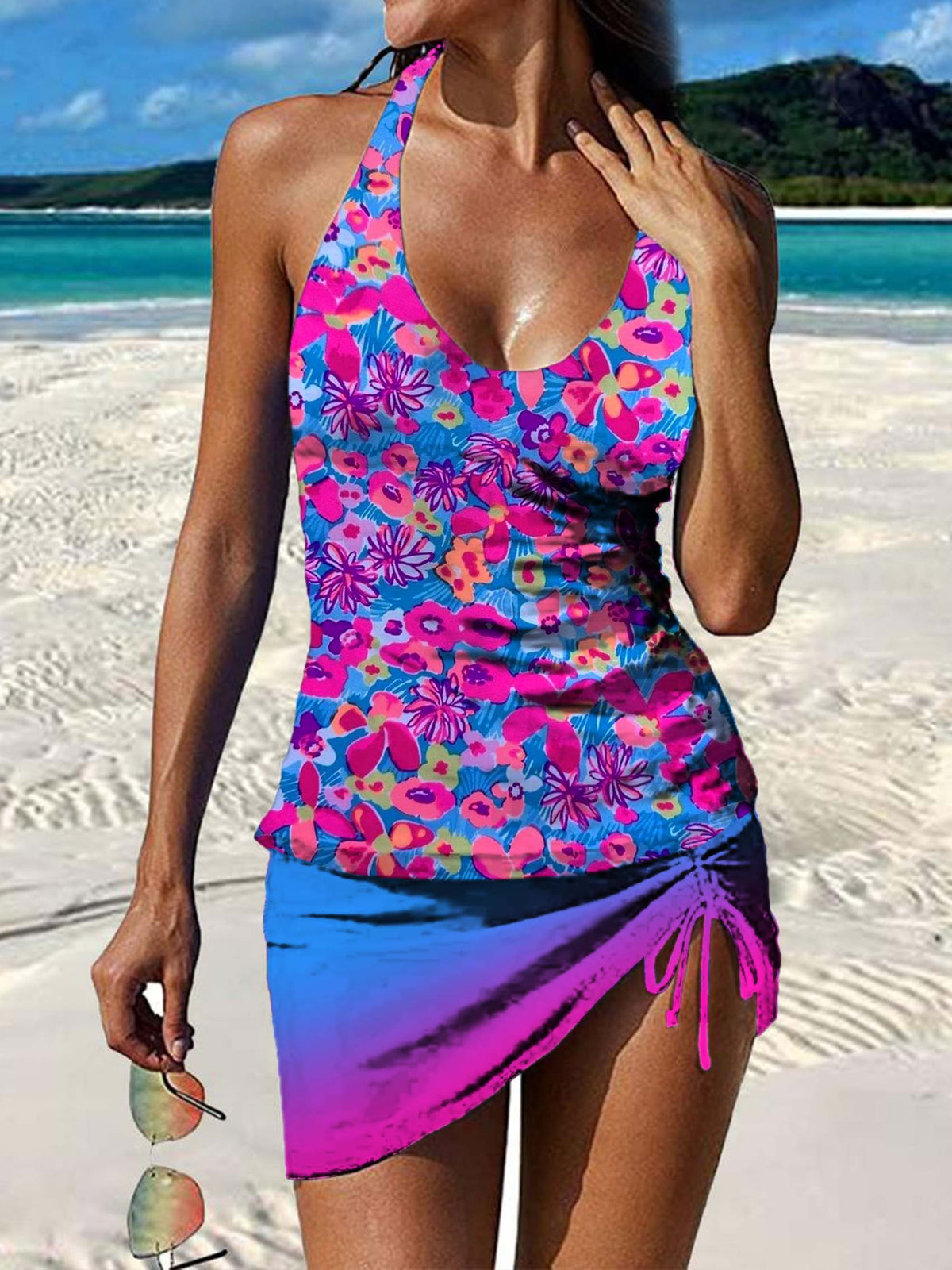 Colorful Floral Gradient Art Print Pleated Drawstring V-neck Tankini Pantskirt Set Swimsuit