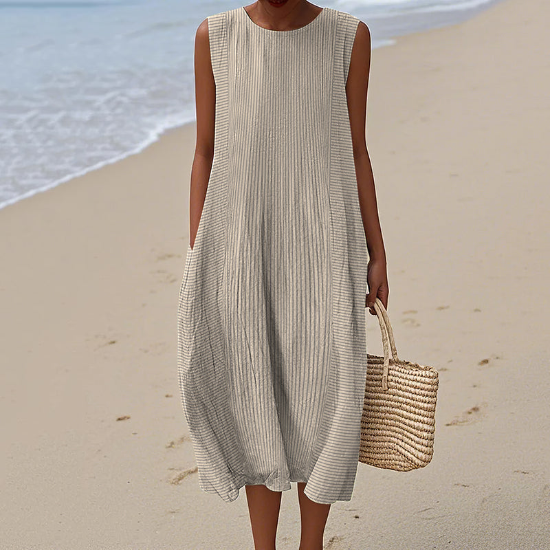 Women's Vintage Striped Art Print Sleeveless Wrap Dress artswardrobe