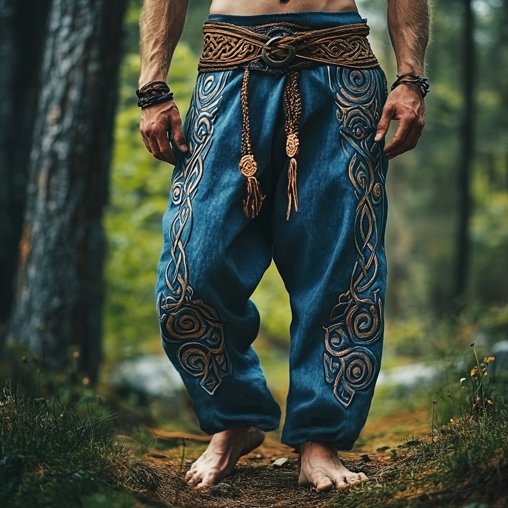 Tribal Viking Celtic Embroidery Art Linen Long Loose Wide-leg Pants artswardrobe