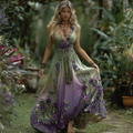Vintage Purple Gilded Rose Embroidery Sleeveless V-neck Dress artswardrobe