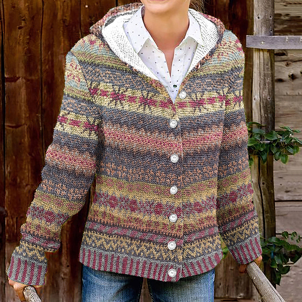 Ethnic Print Retro Hooded Button Knit Cardigan elevenforest