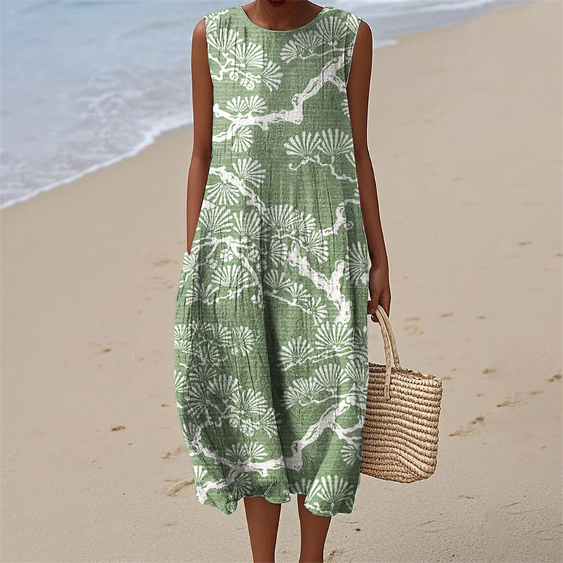 Comstylish Pine Trees Japanese Lino Pattern Flowy Linen Tank Dress