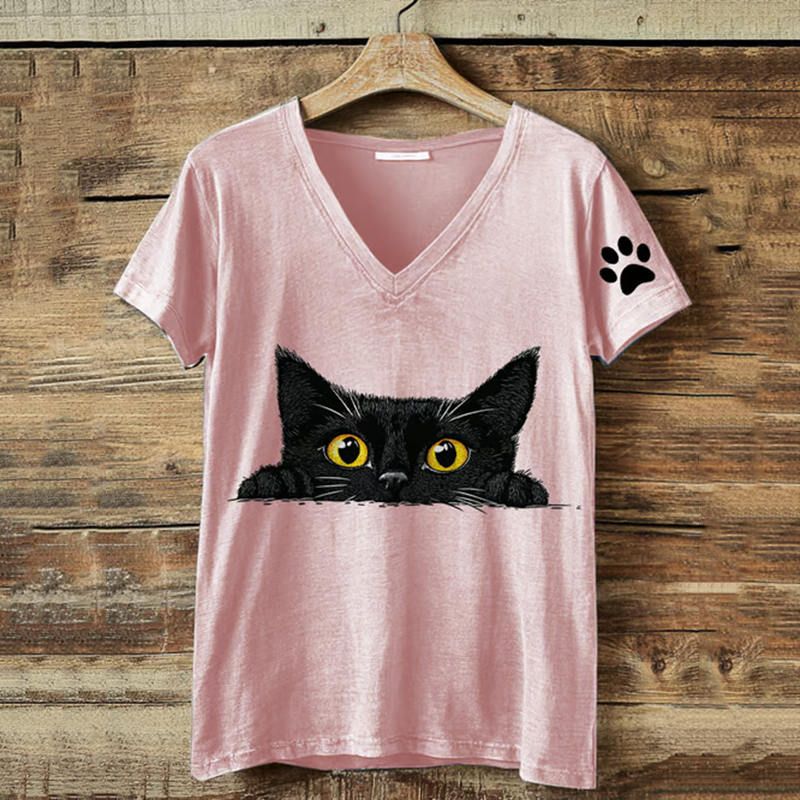 Abstract Creative Cute Cat Printed V Neck T-shirt elevenforest