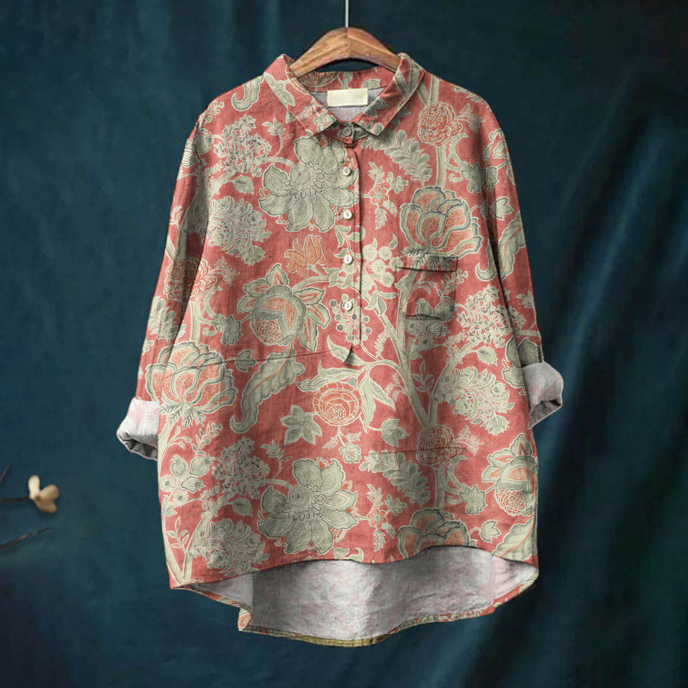 Comstylish Vintage Lovely Ethnic Floral Art Print Casual Cotton And Linen Shirt