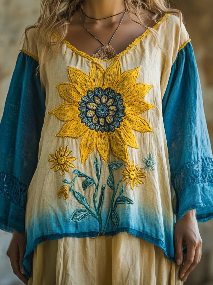 Comstylish Boho Sunflower Embroidered Gradient Flowy Linen Tunic
