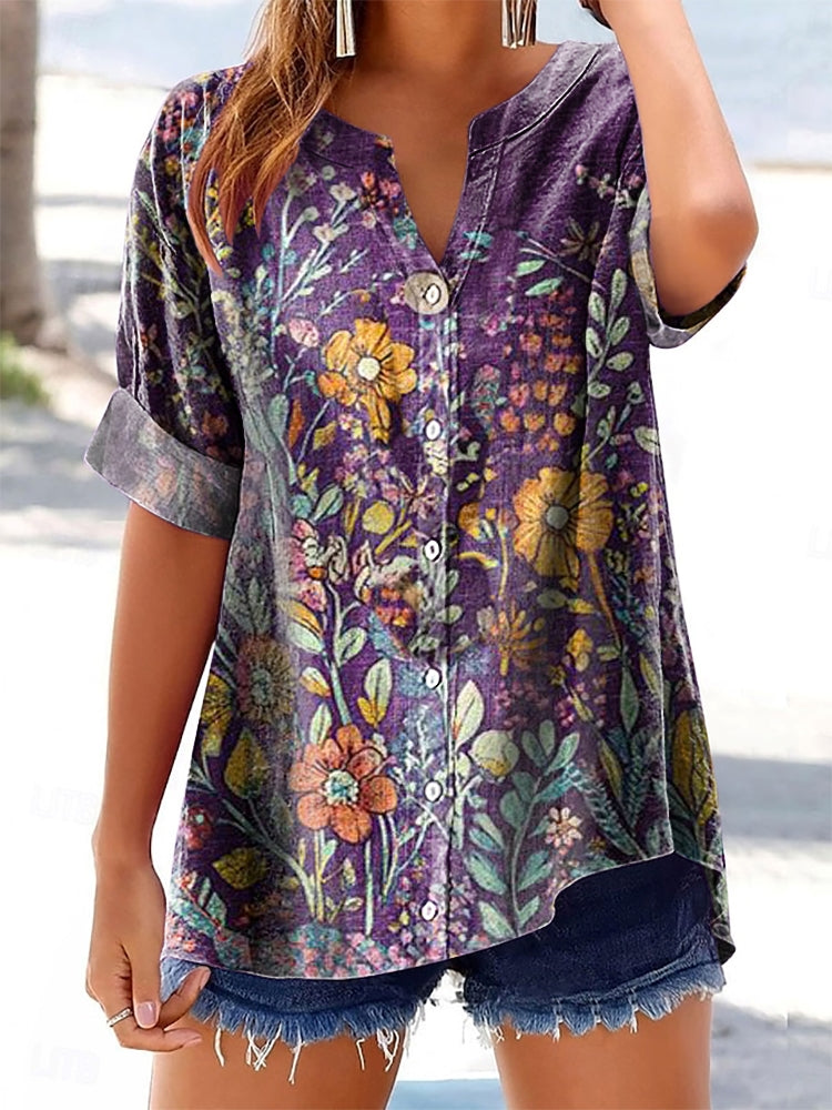 Women's Floral Pattern Art Print Cotton Linen Casual Shirt