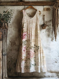Vintage Rose Women's Linen V-neck Vest Dress artswardrobe