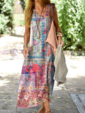 Women's Kantha Floral Pattern Loose Cotton and Linen Tank Top Dress