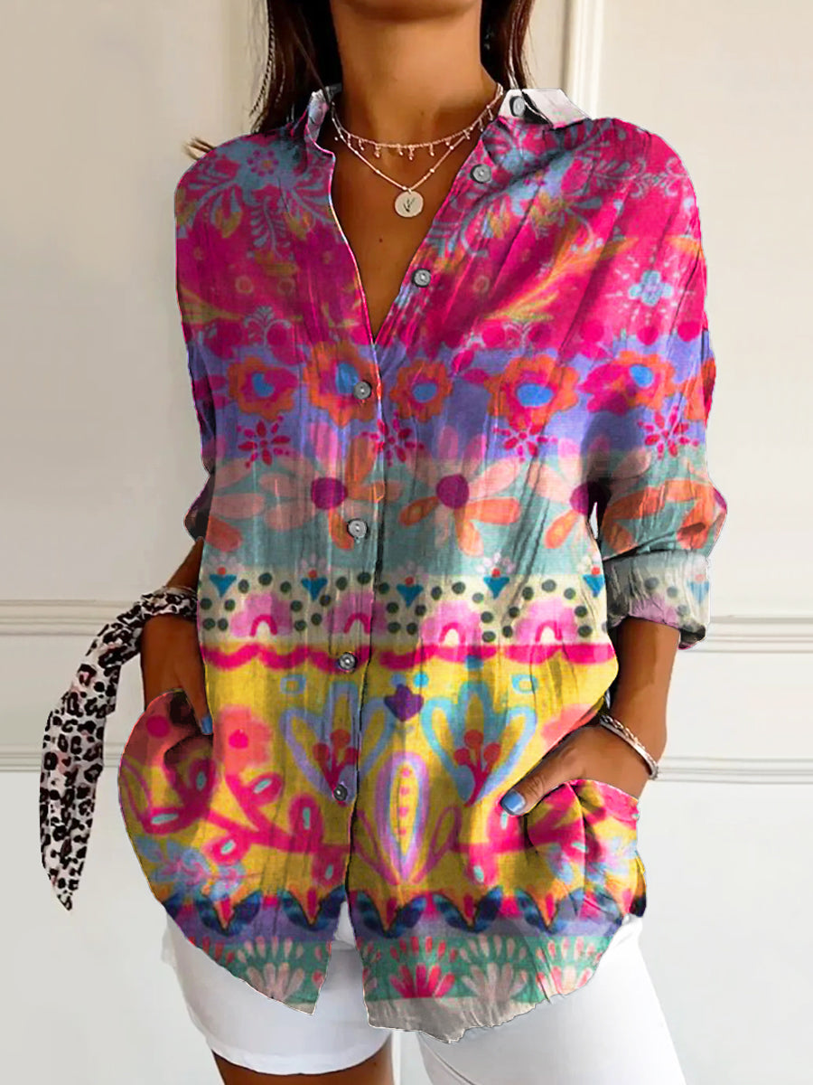 Women's Vintage Floral Patchwork Art Print Casual Cotton Shirt