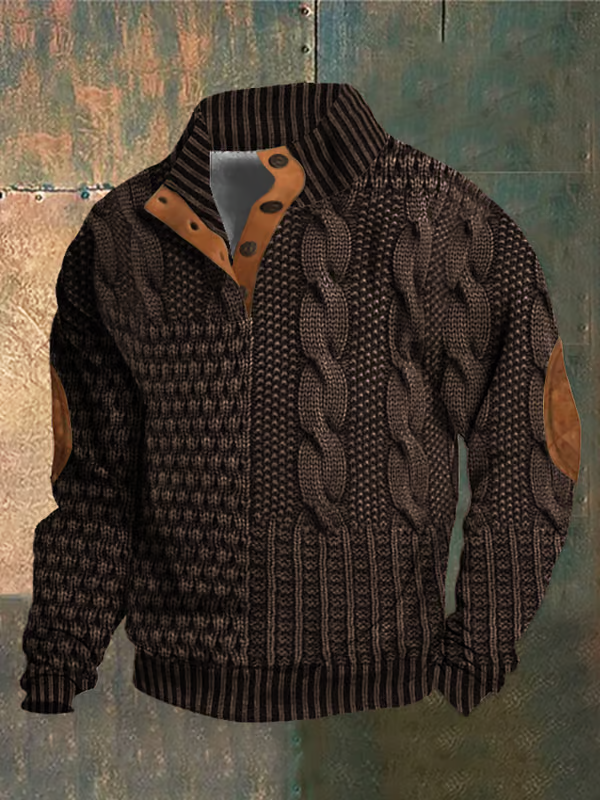 Men's Casual Retro Print Stand Collar Button Sweatshirt elevenforest