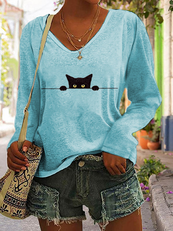 Comstylish Women's Casual Funny Black Cat Print T-shirt