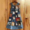Vintage Cute Cat Patchwork Denim Print Vest Dress artswardrobe