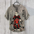 Vintage Japanese Art Warrior Cat V Neck Linen Blend Shirt elevenforest